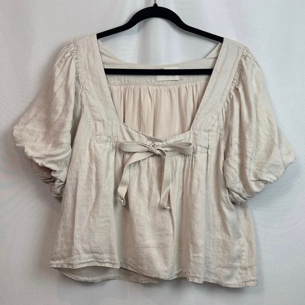 Sancia Womens Linen Puff Sleeve Tie Front Square Neck Top Size Large Cottagecore